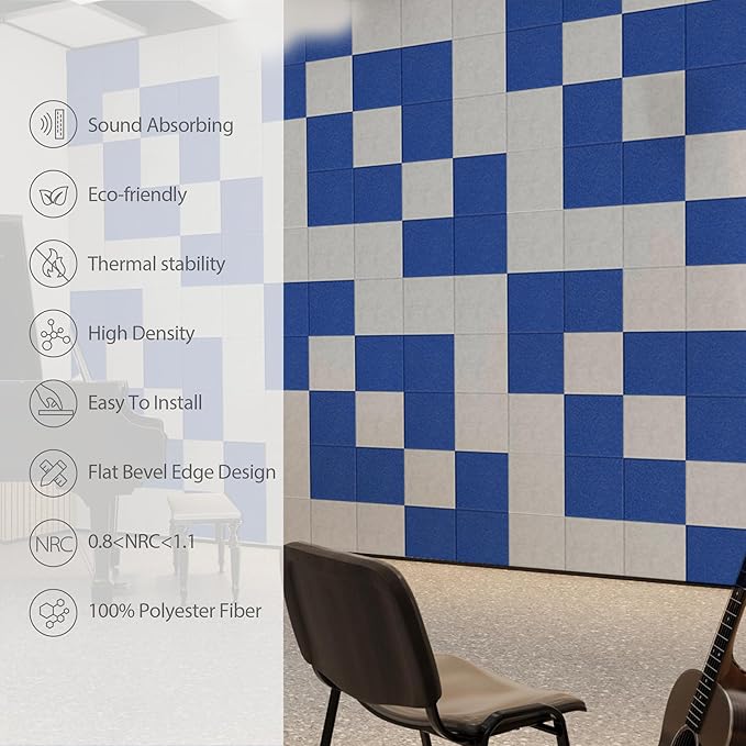 Amantech 12 Pack Acoustic Panels Self Adhesive Sound Proof Foam, High Density Sound Acoustic Panel, 12X12X0.4 Inch Square Panels in Home, Office, Reccording Room, Studio,and more(Telecom Blue)