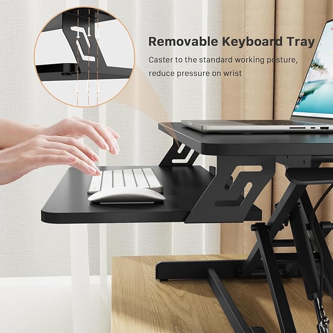 JOY worker Standing Desk Converter, 32" Wide Height Adjustable Sit Stand Up Desk Riser with Keyboard Tray, Desktop Workstation Riser for Home Office Computer Laptop, Particle Board, Black