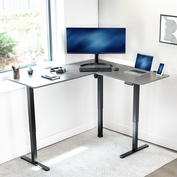 VIVO Electric Corner 63 x 55 inch L-Shaped Standing Desk, Memory Height Adjustment, Dark Gray Top Black Frame, DESK-E3CTG