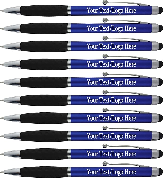 SyPen Personalized Pens With your Custom Logo or Text-600 Pack Bulk-for Businesses, Parties, and Events, 2 in 1 Ballpoint Pen & Stylus Compatible with Touchscreen Devices, Blue Barrel, Black Ink