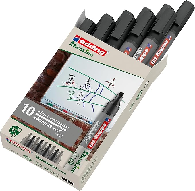 edding 29 Ecoline whiteboardmarker - zwart - 10 whiteboardstiften - beitelpunt 1 - 5 mm - boardmarker uitwisbaar - voor whiteboard, flipchart, magneetbord, prikbord, memobord - sketchnotes - navulbaar