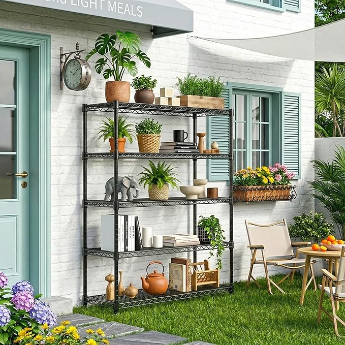 M MZG 5 Tiers Shelf Metal Storage Shelves Standing 1750 LBs Household Shelf Organizer for Kitchen Pantry Closet Garage Basement Utility Room, Black15.7 D x 45.3" W x 70.4" H