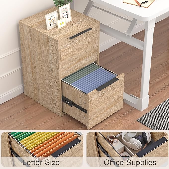 FATIGOS Wood File Cabinet 2 Drawer Filing Cabinets with Hanging Bars for Letter Size, Wooden Samll Vertical Filing Cabinet for Home Office, Oak