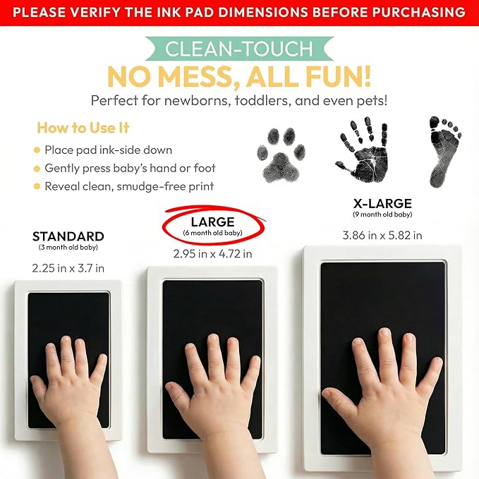 Large Clean Touch Ink Pad for Baby Handprints and Footprints – Inkless Infant Hand & Foot Stamp – Safe for Babies, Doesn’t Touch Skin – Perfect Family Memory or Gift, Black Print Kit by Tiny Gifts