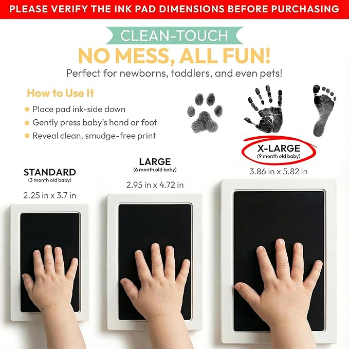 Extra Large Clean Touch Ink Pad for Baby Handprints and Footprints – Inkless Infant Hand & Foot Stamp – Safe for Babies, Doesn’t Touch Skin – Perfect Family Memory or Gift by Tiny Gifts, Black