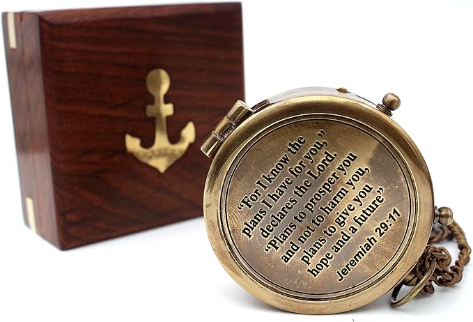 US HANDICRAFTS “for I Know The Plans I Have for You” Engraved Brass Compass – Jeremiah 29:11 Scripture Compass with Wooden Case – Christian Gift for Men, Boys, Baptism, Confirmation & Graduation