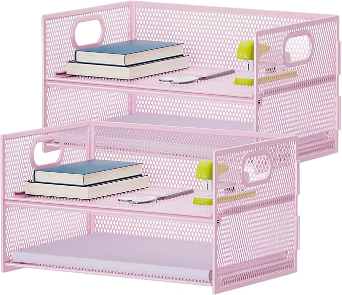 Marbrasse 2 Tier Paper Organizer Letter Tray, Mesh File Organizer with Handle, Paper Sorter Desk Organizer for Home Office Supplies - 2P Pink