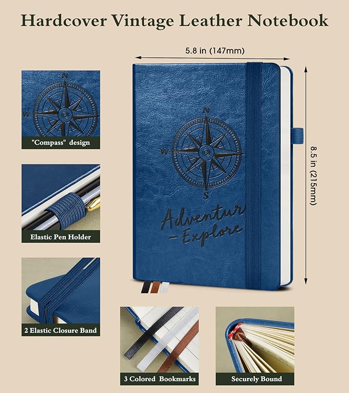 PAIBAS Graph Notebook for Women Men, 160 Pages Grid Paper, Graphing Notebooks for School, Work, Quad Ruled, Inner Pocket, A5 Hardcover Vintage Leather Journals for Writing, 5.8"x8.5" (Navy)