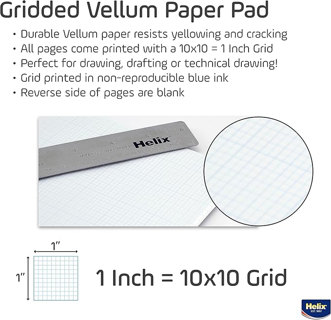 Helix - 100% Rag Vellum Paper Pad - 1 Inch Equals 10x10 Grid - 8.5 Inch x 11 Inch - 50 Sheet Pad - Acid-Free - Drafting, Art, Sketching and Tracing