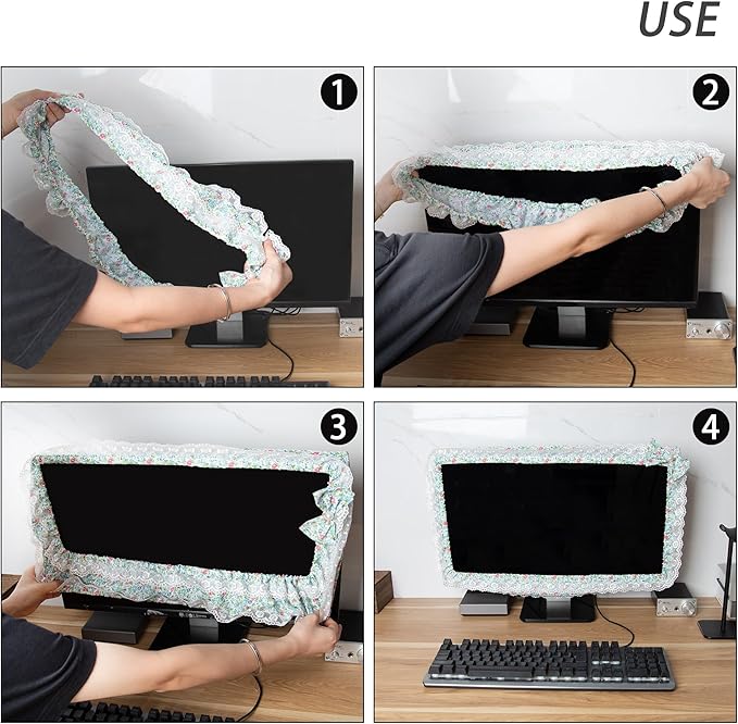 Kingshion 24-inch Cute Lace Fabric Monitor Cover with Elastic Pen Pocket & Bow-knot Design, Dust Protector for Computer/TV/LCD Screens- Green