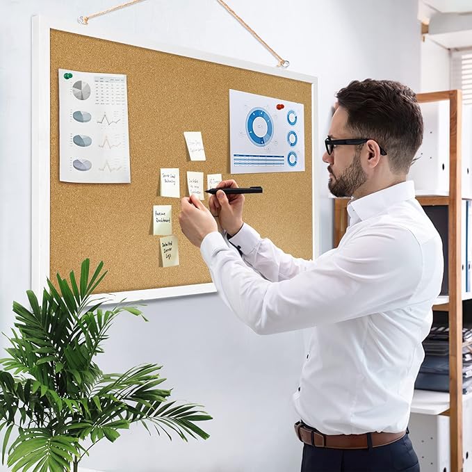 FEBSNOW Cork Board Bulletin Board 23 x 15.7 Inches with Rectangle White Frame Hanging Pin for Walls Office Message Board or Vision Board Decoration