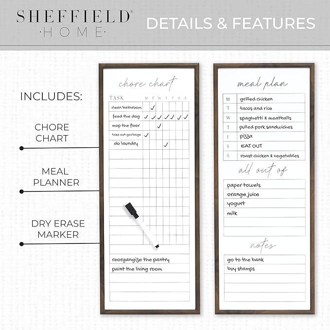Sheffield Home Set of Two Family Planner Dry Erase Boards Featuring, Chore Chart, Shopping List, Weekly Meal Planner and Notes, 9x21 Inch, Natural