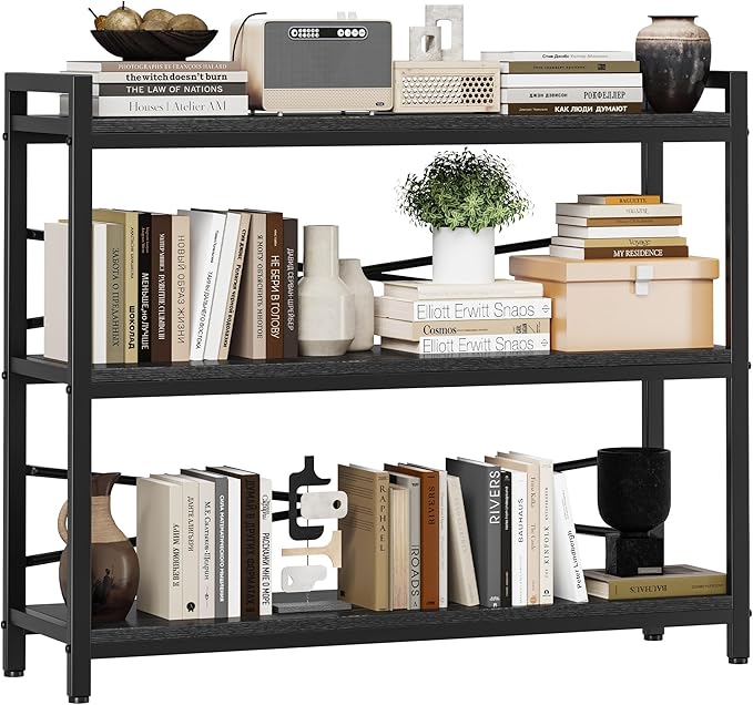3 Tier Bookshelf 39.37" Width, Dorm Desk Hutch, Desk Shelf, Long Industrial Bookcase, Wooden Large Book Shelf for School Home Living Room Bedroom Office Storage(Black)