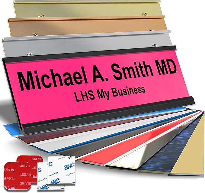 Custom Name Plate with Choice of Mounting for Walls, Doors, Cubicles, Hanging and More - Personalized Ribbon Pink Plastic Black Letters - USA Made 2x10 - B12