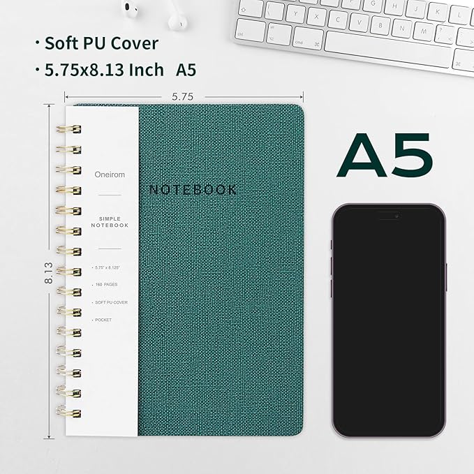 Spiral Notebook-5.75" x 8.125" College Ruled Journal with Inner Pockets and 160 Pages,PU Leather Cover Business Journal, Twin-Wire Binding Notebook Perfect for Office & Home School Supplies 6 pack Black/Green
