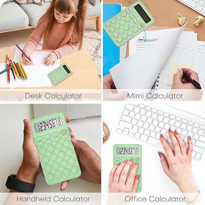 Cute Calculator, Basic Four Function Calculator for Teachers Students Basics Office, Small Handheld Calculators, 8 Digit with LCD Display, Sensitive Button, 5.5×3.2 inches Light Green
