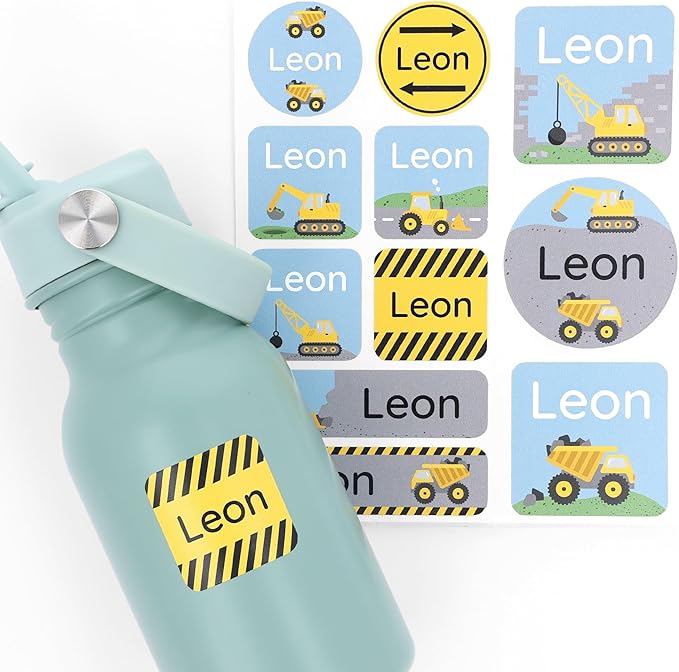 Large Name Labels for Kids (33) - Custom Stickers for Daycare and School Supplies - Durable, Waterproof Stickers for Water Bottles, Lunch Boxes, and More with Unique Designs - Constructions