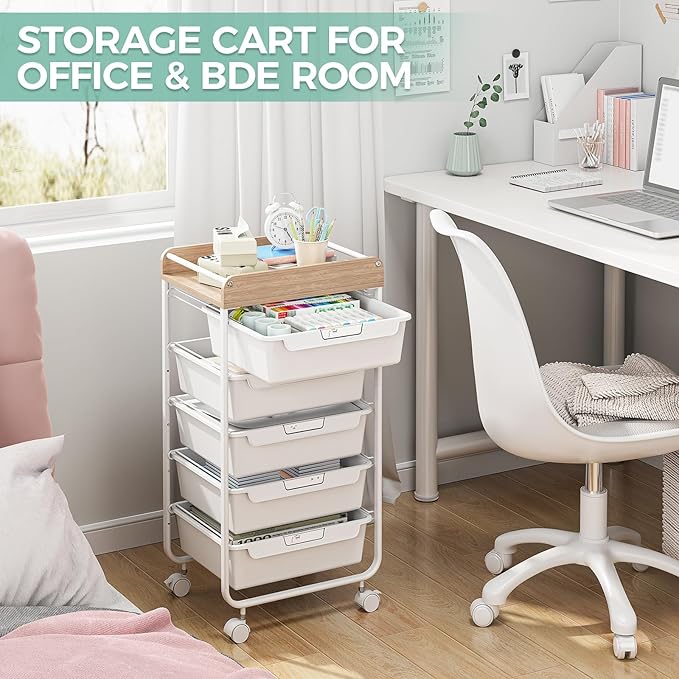 Rolling Storage Utility Cart With 5 Drawers,Craft Cart with Wheels,Makeup Organizer,Art Supply And Storage Wooden Tabletop,White