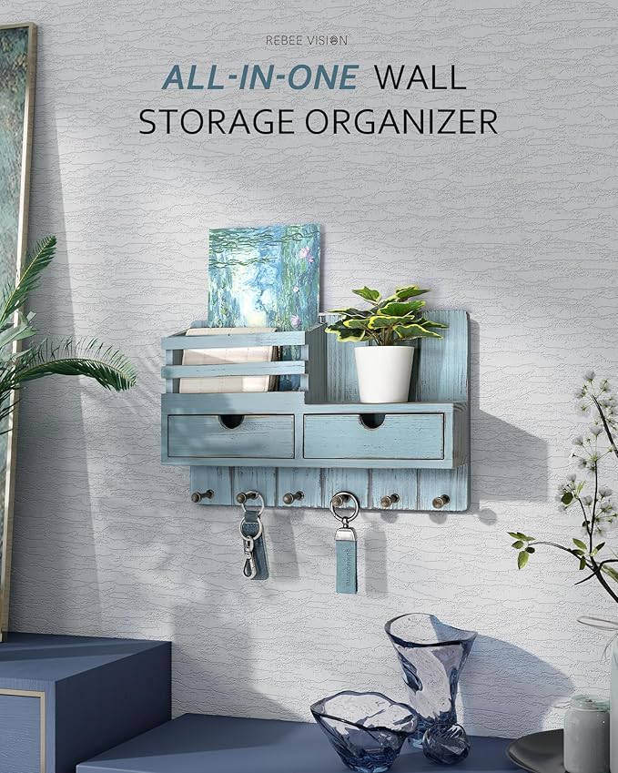 Rebee Vision Decorative Key Holder Wall Mount with 2 Drawer Organizer - Modern Mail Organizer with 6 Key Hooks & Shelf - Home Decor Aesthetic for Apartment Essentials (Distressed Blue)