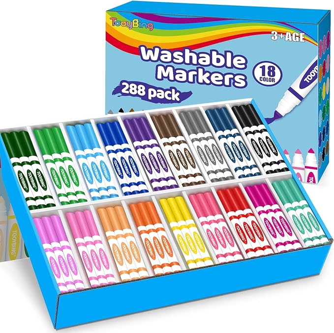 TooyBing Washable Markers Bulk (288 Count), 18 Assorted Colors, Washable Markers for Kids Classroom School, Broad Tip Durable for Back to Classroom Art School Supplies Essentials