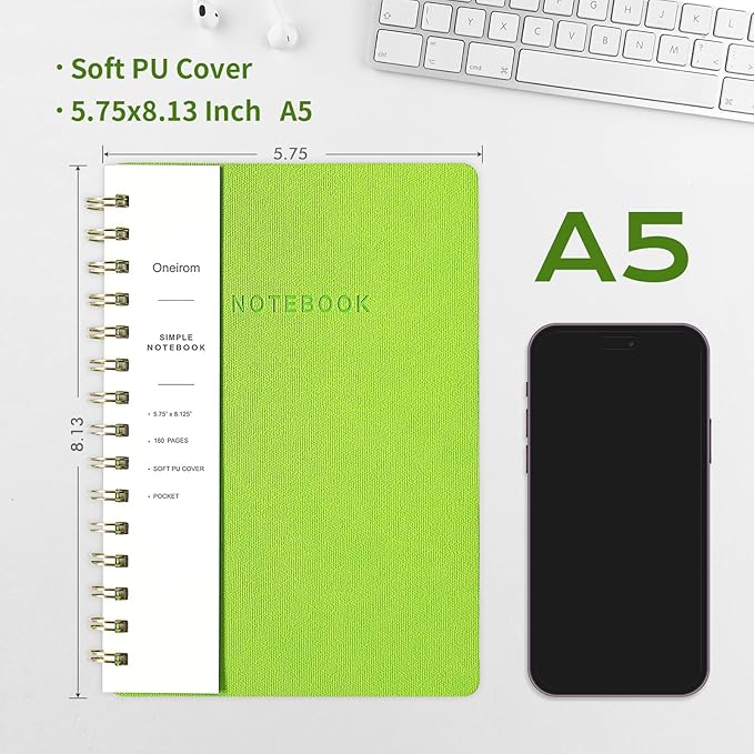 Spiral Notebook-5.75" x 8.125" College Ruled Journal with Inner Pockets and 160 Pages,PU Leather Cover Business Journal, Twin-Wire Binding Notebook Perfect for Office & Home School Supplies Light Green
