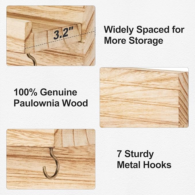 Lwenki Decorative Key Holder for Wall with Shelf, Entryway Shelf with Hooks Holds Leashes, Jackets and Glasses – Sturdy Wood Keyholder Entrance Hanger with Mounting Hardware (Wood, Large)