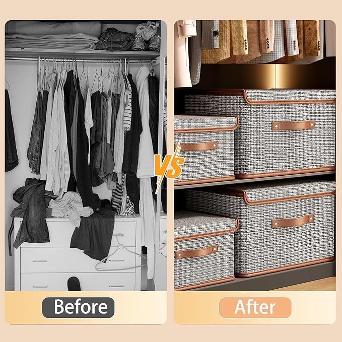 Tuza 2 Pack Storage Bins with Lids, Collapsible Closet Organizer Container, Fabric Organizer Box with Handles, Decorative Storage Boxes with Lids for Organizing Clothes, Sheet, Light Grey, Extra Large