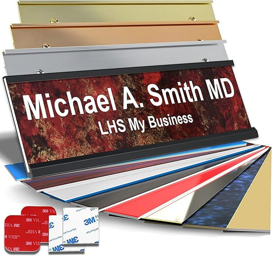 Personalized Name Plate with Choice of Mounting Holders for Walls, Doors, Cubicles, Hanging and More - Custom Gloss Rustico Granite Plastic White Letters - USA Made 2x12 - S2