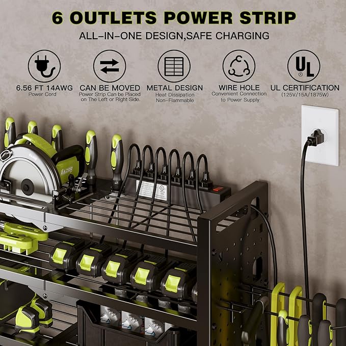 NattyDot Power Tool Organizer Wall Mount with Charging Station 4 Layer 6 Slot Cordless Drill Holder with Angle Grinder Holder (Black)
