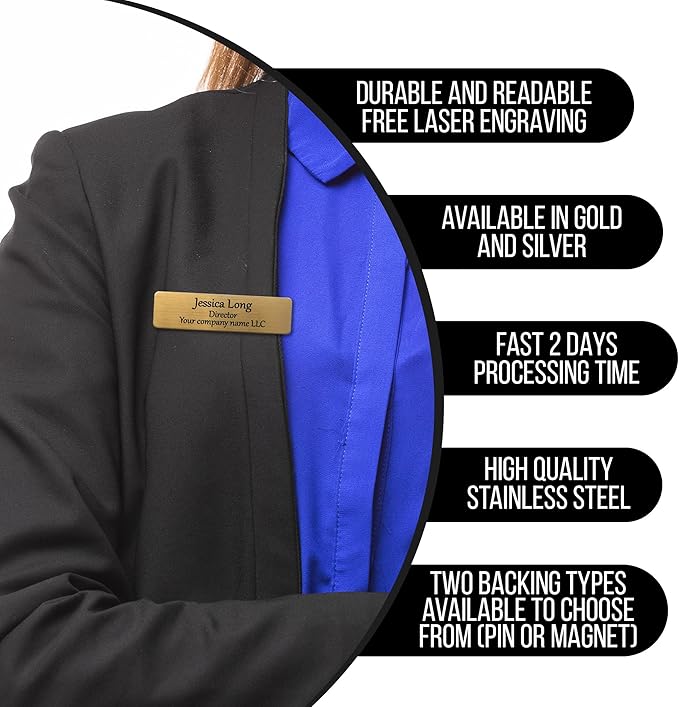 Custom Engraved Name Tag Badges Identification Personalized with Pin or Magnetic Backing, Metal Name ID for Clothing Brushed Gold & Silver Plates with Black Letters for Business or Employees