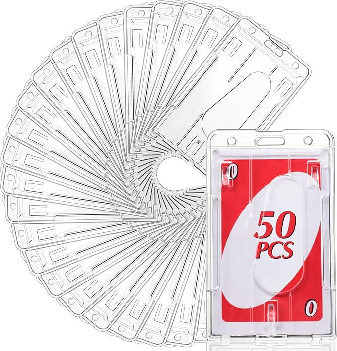Gersoniel 50 Pieces Vertical 2 Card Heavy Duty Badge Holder Hard Plastic Clear Plastic Vertical Name Badge ID Card Holders Sleeve Protective Clear Badge Cover with Thumb Slot