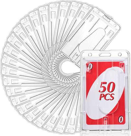 Gersoniel 50 Pieces Vertical 2 Card Heavy Duty Badge Holder Hard Plastic Clear Plastic Vertical Name Badge ID Card Holders Sleeve Protective Clear Badge Cover with Thumb Slot