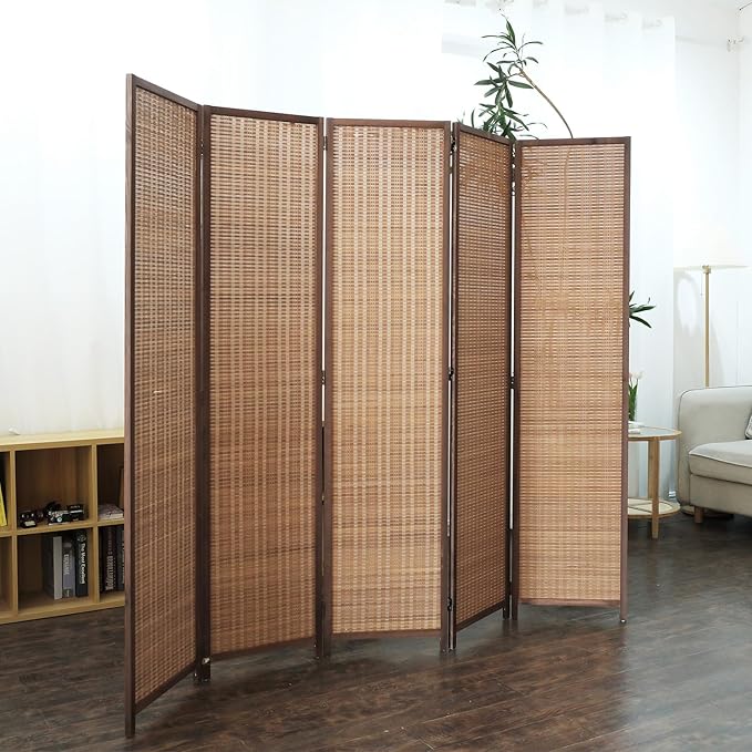 Furnnylane 5 Panel Bamboo Room Divider and Folding Panel Screen,Bamboo Panel Divider for Room Separation,Brown,67" H x 76.75" W