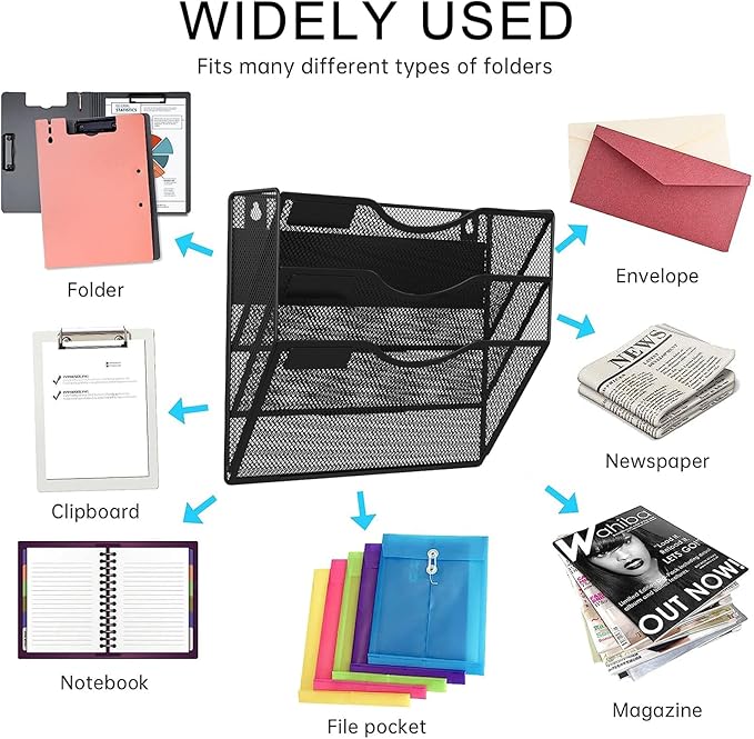 LQPAFZ 3-Tier Magnetic File Holder, No Drilling Installation File Cabinet Organizer, Black Magnetic File Organizer, Magazine Rack, Magnetic Paper Holder for Refrigerator, File Cabinets, Whiteboard