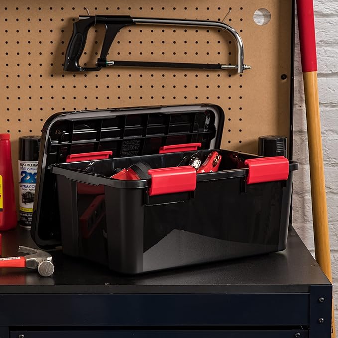 IRIS USA WeatherPro 19 Qt Storage Bins with Lids, 6 Pack, BPA-Free Plastic Gasket Box with Tight Latch and Seal, Stackable Nestable Tote Tub - Black/Red