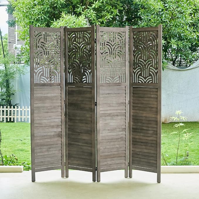 Svimi Folding Room Divider, 66.9 Inch 4 Panels Wood Carved Privacy Screens, Free Assembled Freestanding Portable Separation Wall for Home Office Restaurant Bedroom (Gray)