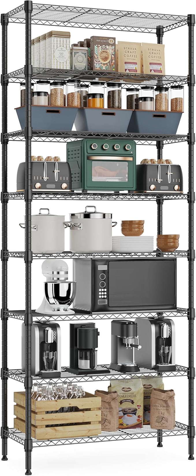 M MZG 8 Tier 2000 lbs Storage Rack Metal Wire Shelving Unit, Storage Standing Shelf Organizer for Laundry Bathroom Kitchen Pantry Closet Garage Basement Utility Room, Black 13.8" D x 23.6" W x 79.5" H