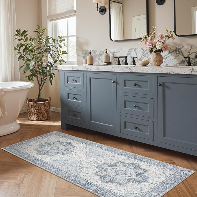 GENIMO Runner Rug 2'6"x6 Machine Washable Non Slip Vintage Hallway Runner Rug, Low Pile Lightweight Rugs for Indoor Entryway, Hallway, Kitchen and Corridor, Light Blue