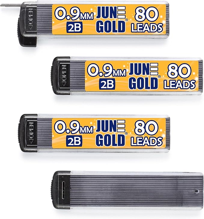 June Gold 320 Pieces, 0.9 mm 2B Lead Refills, 80 Pieces Per Dispenser, Bold Thickness, Break Resistant Lead/Graphite, 1.0 mm Compatible (Pack of 4 Dispensers)