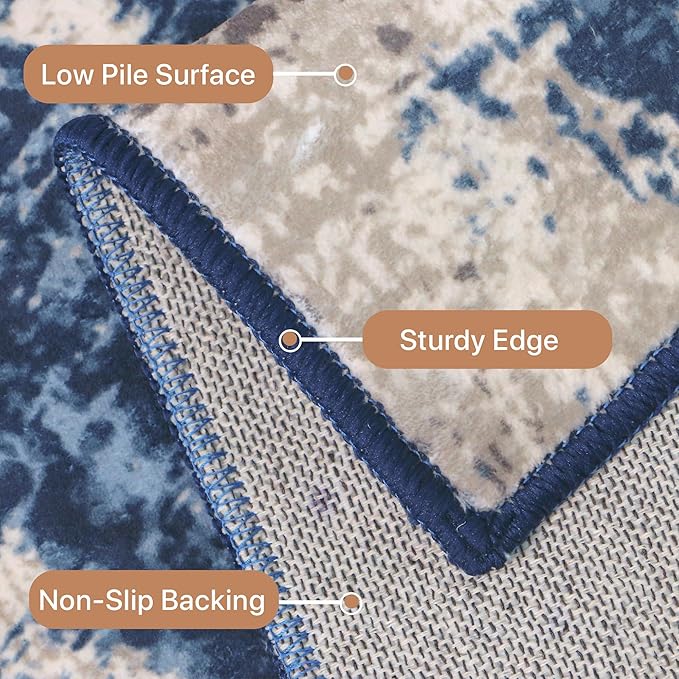 GENIMO Washable Area Rugs for Living Room, 8x10 Modern Non Slip Rugs, Low Pile Lightweight Soft Print Rug for Bedroom, Dining Room, Home Office, Washed Blue&Gray