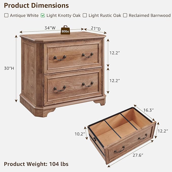 T4TREAM 34" Lateral File Cabinet with 2 Drawers, Farmhouse Filing Cabinet with 34" Wide Wooden Tabletop & Smooth Rails, Holds Letter/Legal, Hexagonal Design & Framed Drawer Fronts, Light Knotty Oak