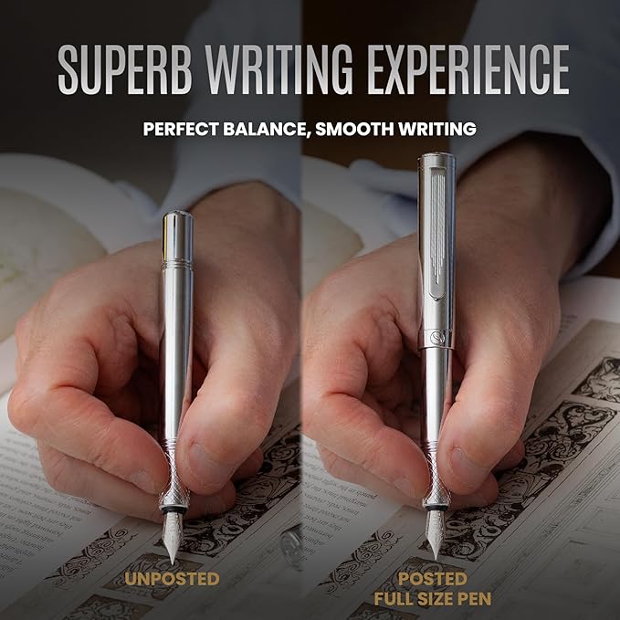 Scriveiner Personalized Silver Chrome Fountain Pen (Medium), Award Winning Luxury Pen, Heavy Pocket Pen, Chrome Finish, Best Engraved Fountain Pen Gift Set for Men & Women, Name Engraving