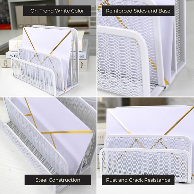 BLU MONACO White Metal Mesh Letter Sorter | 3-Slot Mail Organizer for Desk, Office & Home | Vertical File & Envelope Holder | Modern Mail Sorter for Documents, Bills & Files