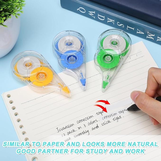 Jovanssen White Correction Tape, 12 Pack, 39.37 Feet Correction Tape for School And Office, writing supplies and correction supplies