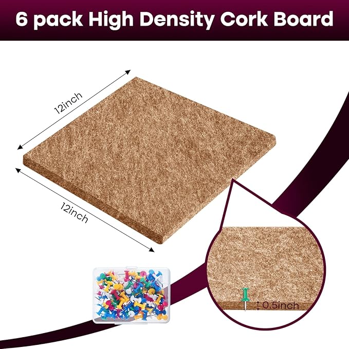 Bouiexye Felt Cork Board Tiles 6 Pack Grey Brown Boards 12"x12" - 1/2" Thick Corkboards for Wall Bulletin Board Self Adhesive with 100 Push Pins for Wall School Home Office