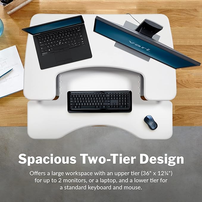 Vari Varidesk Pro Plus 36 Standing Desk Converter – 11 Height Settings + Spring Lift, 2 Tier Design, Keyboard Tray, Fits Desktops 36” Wide x 26.5" Deep – Delivers Fully Assembled (White)