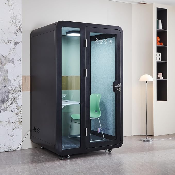 GEARONIC Solo Office Sound Booth Pod Audio Privacy, Mobile Roller with Desk, LED Light, Fans and AC USB Ports (Black Obsidian)