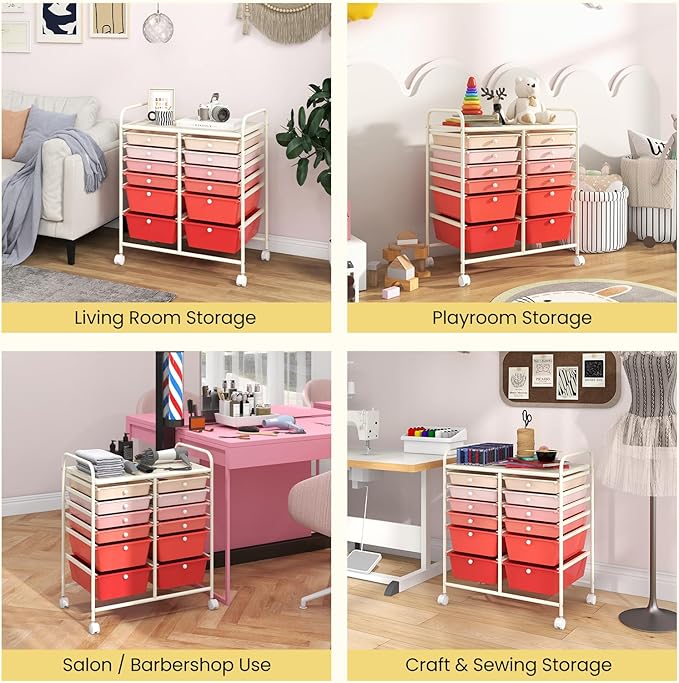 Giantex 12 Drawer Rolling Storage Cart Tools Scrapbook Paper Office School Organizer (Pink Gradient)