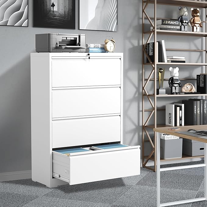 FLIXELIO File Cabinets 4 Drawer,Metal Office Storage Filing Cabinet with Lock,White Lateral Filing Cabinet for Home Office,Horizontal Locking File Cabinet for Legal/Letter/A4,Assembly Require,White
