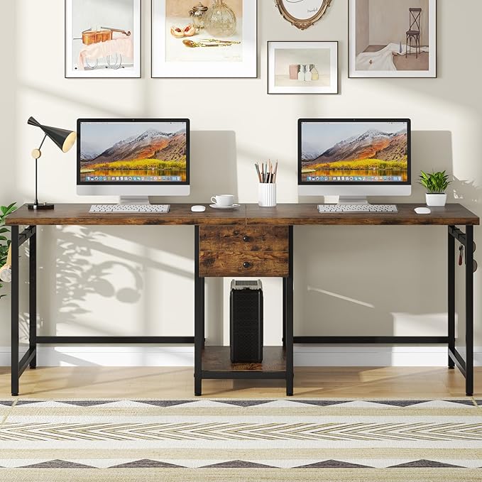 Tribesigns Two Person Desk, 79 Inch Double Desk with 2 Drawers, Large Computer Desk Long Desks with Storage Shelves, Writing Table Study Desk for Home Office, Rustic Brown (NY001)